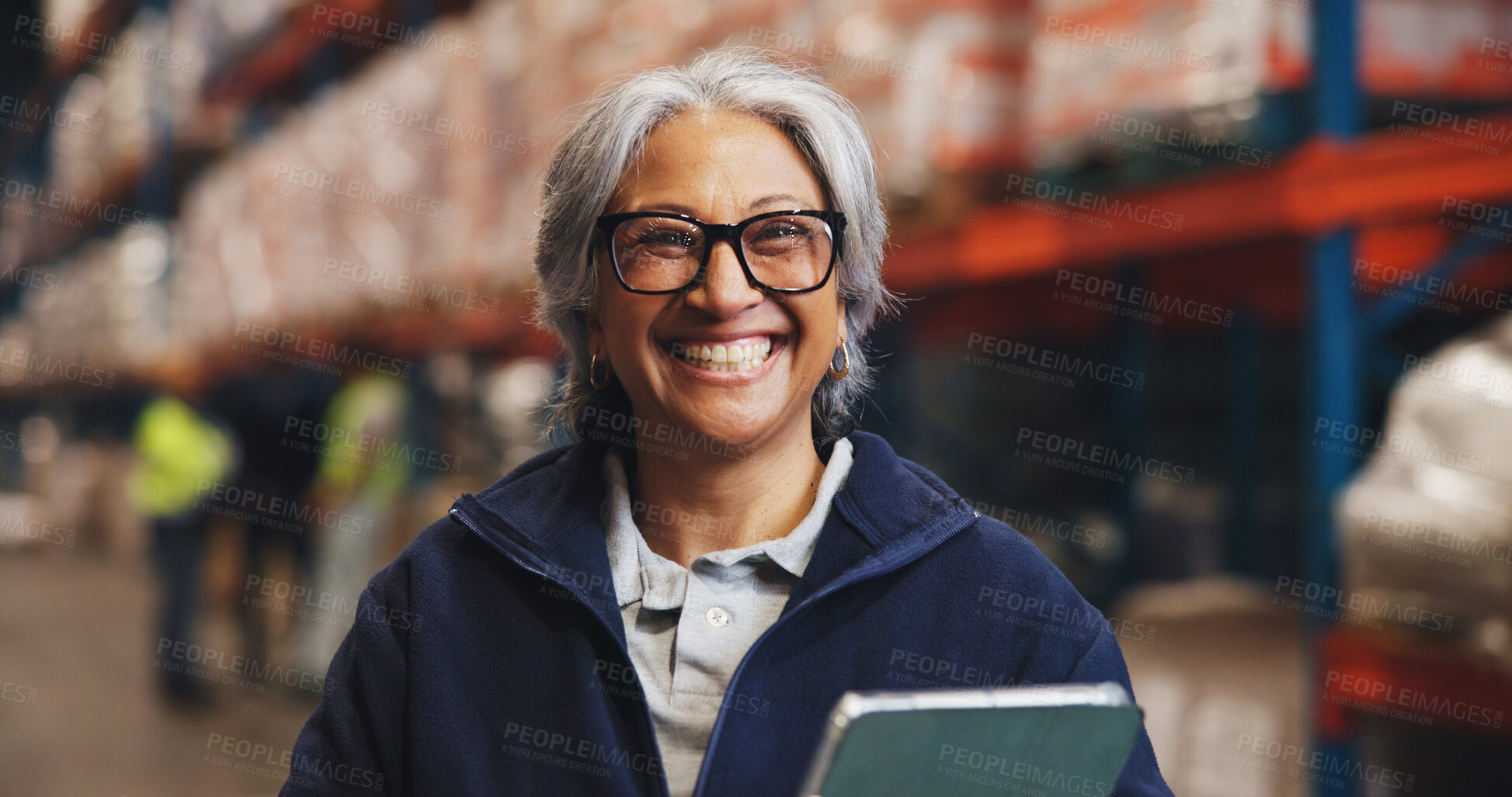 Buy stock photo Supply chain, tablet or happy woman in warehouse, portrait and shipping schedule. Mature person, connection or employee in factory, logistics or distribution with digital app for stock management