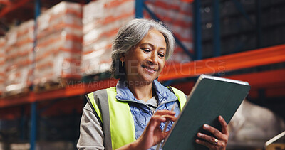 Buy stock photo Supply chain, tablet and woman in warehouse, internet and email for shipping schedule. Mature person, tech and employee in factory, network and distribution with digital app for inventory management
