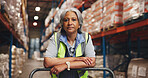 Portrait, woman and cart for logistics in warehouse with career pride, transport stock and freight. Mature person, dolley and about us for storage inspection, supply chain and safety for cargo export