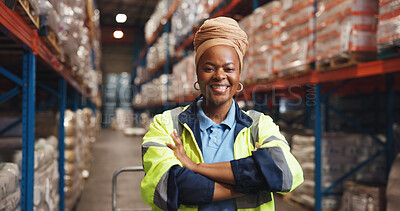 Buy stock photo Portrait, black woman and arms crossed for logistics in warehouse with career pride, quality control and freight. Person, happy and about us for storage inspection, supply chain and shipping services