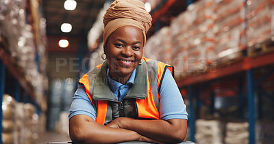 Buy stock photo Portrait, African woman and smile in warehouse for logistics, quality control and career pride. Female person, arms crossed and about us for storage inspection, supply chain and distribution industry