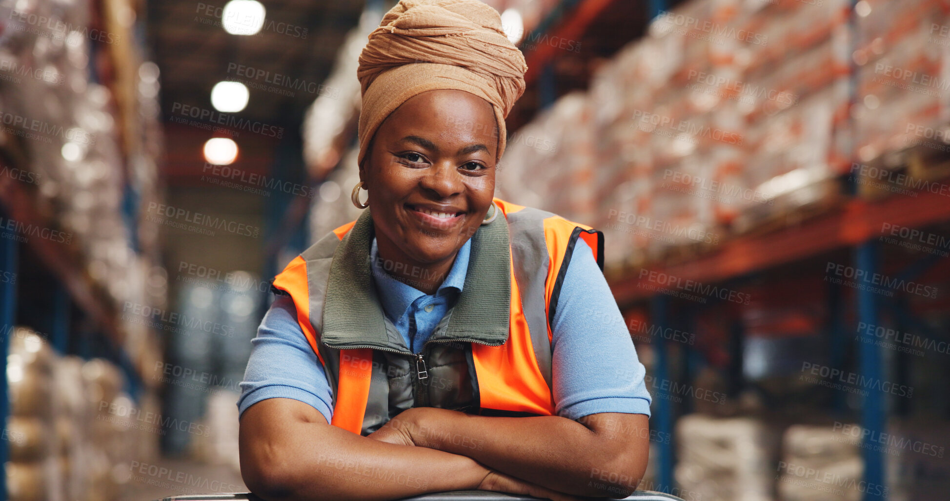 Buy stock photo Portrait, African woman and smile in warehouse for logistics, quality control and career pride. Female person, arms crossed and about us for storage inspection, supply chain and distribution industry