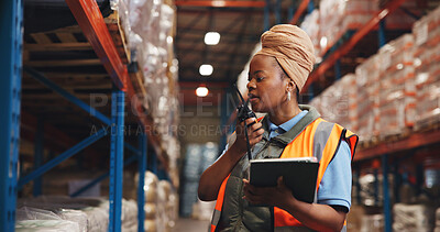Buy stock photo Supply chain, tablet and black woman in warehouse, radio and communication for shipping. African person, tech or employee with distribution, talking or logistics with app for inventory management