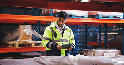 Buy stock photo Distribution, tablet and man in warehouse, internet and email for inventory management. Person, tech and employee in factory, network or supply chain with digital app for quality control or logistics