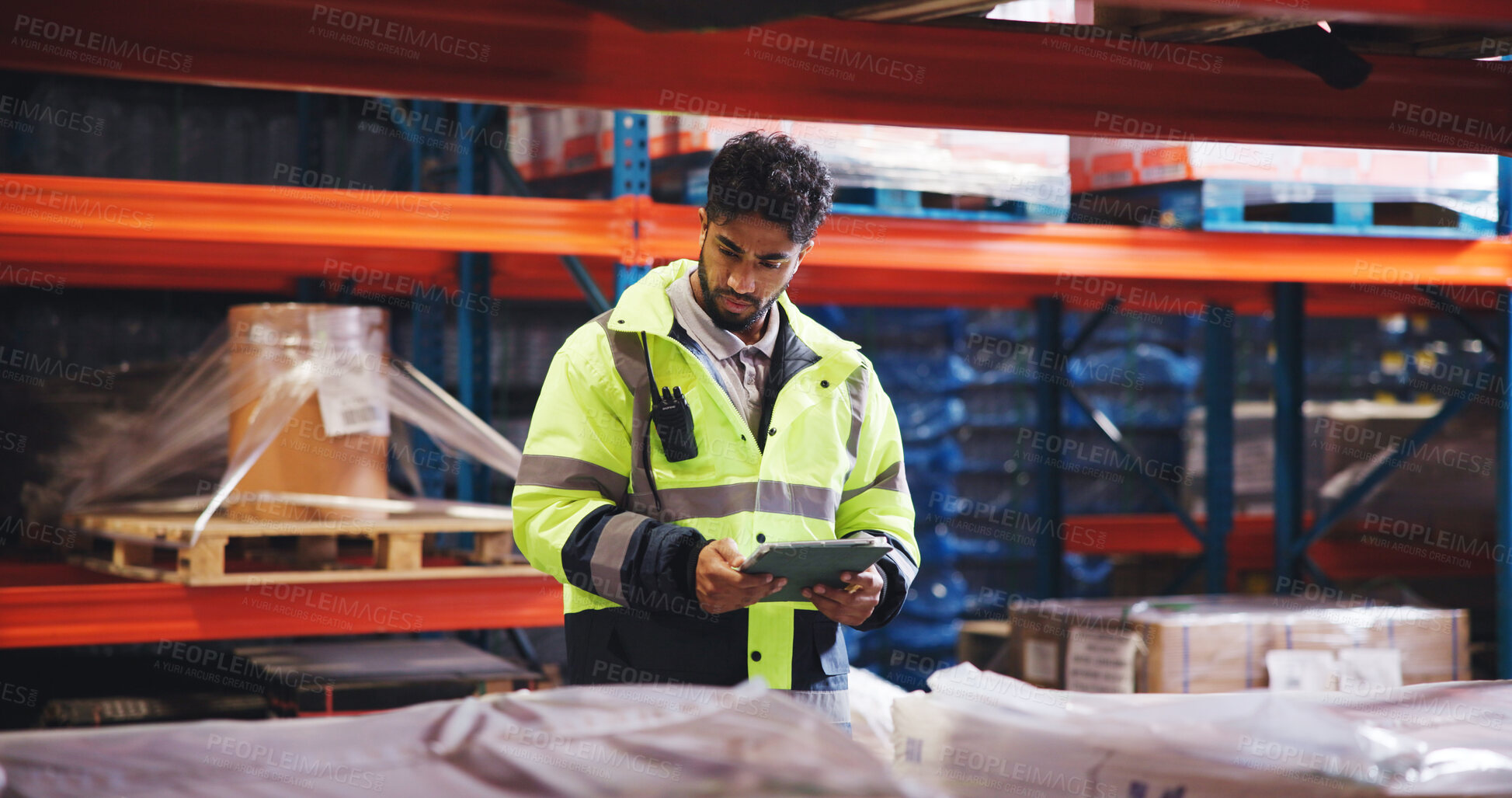 Buy stock photo Distribution, tablet and man in warehouse, internet and email for inventory management. Person, tech and employee in factory, network or supply chain with digital app for quality control or logistics