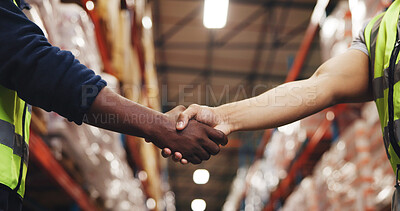 Buy stock photo Handshake, partner and logistics with people in warehouse for shipping team, supply chain and agreement. B2b export, shaking hands and ecommerce supplier deal with employees in factory for bokeh