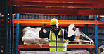 Celebration, clipboard and radio with black man in logistics depot for delivery or shipping success. Boxes, milestone and shelves with excited person in supply chain warehouse for distribution goals