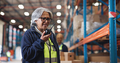 Buy stock photo Radio, confused and logistics with woman in warehouse for shipping delay, supply chain and quality control. Export, inventory mistake and ecommerce contact with mature employee in factory for error