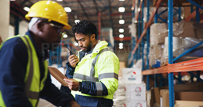 Buy stock photo Radio, clipboard and logistics with man in warehouse for shipping schedule, supply chain and quality control. Export, inventory checklist and ecommerce contact with employee in factory for inspection