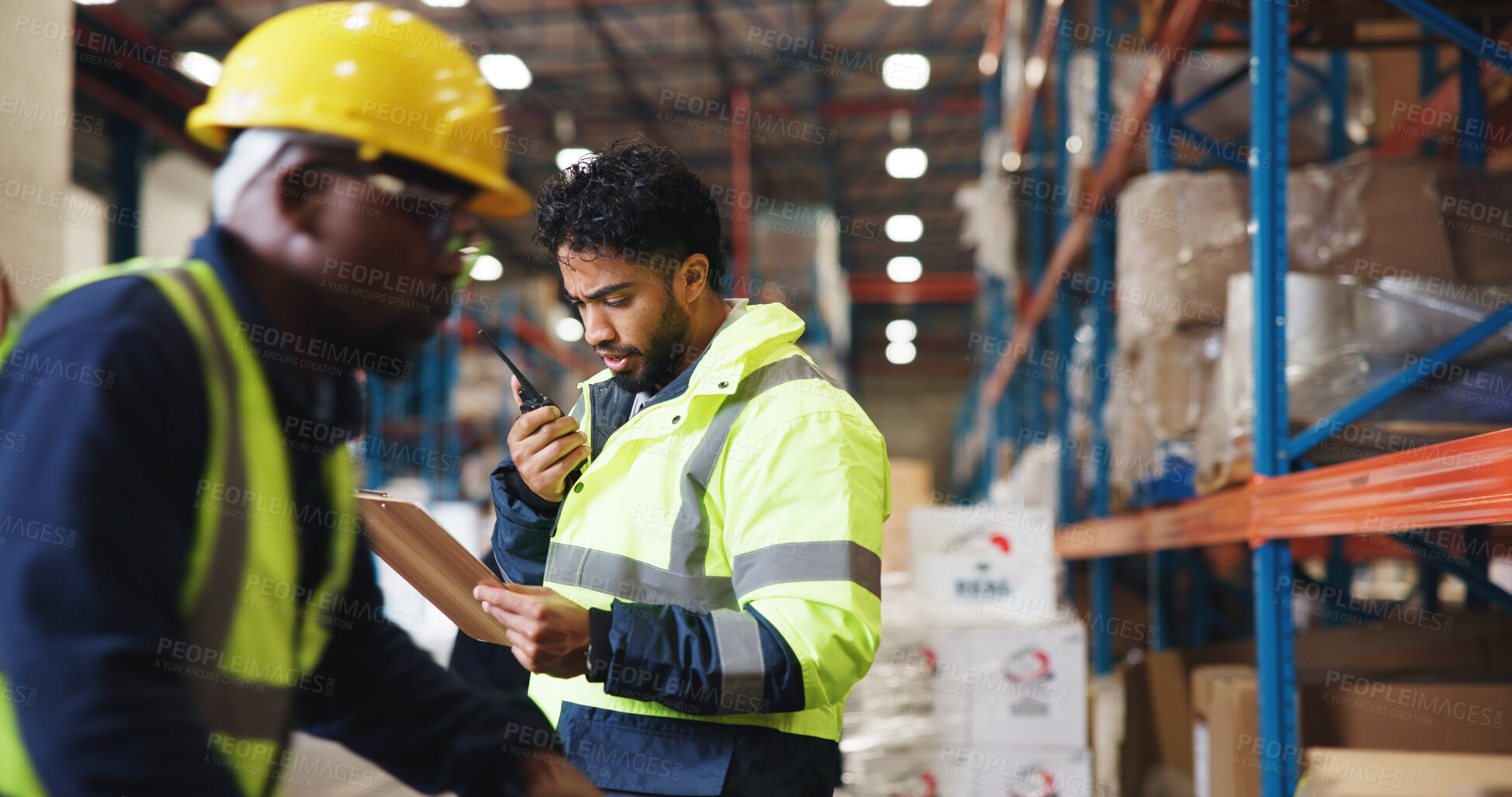 Buy stock photo Radio, clipboard and logistics with man in warehouse for shipping schedule, supply chain and quality control. Export, inventory checklist and ecommerce contact with employee in factory for inspection