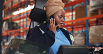 Phone call, warehouse and black woman on forklift for shipping, distribution and logistics info. Communication, planning and person on smartphone on machine for cargo list, delivery and supply chain
