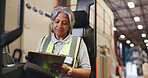 Writing, clipboard and forklift with woman in warehouse for shipping checklist, supply chain and quality control. Export, inventory manager and ecommerce supplier with mature employee for freight