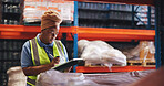 Clipboard, logistics and writing with black woman in factory for inventory or stock management. Checklist, paperwork and schedule with African employee in supply chain depot for delivery or shipping
