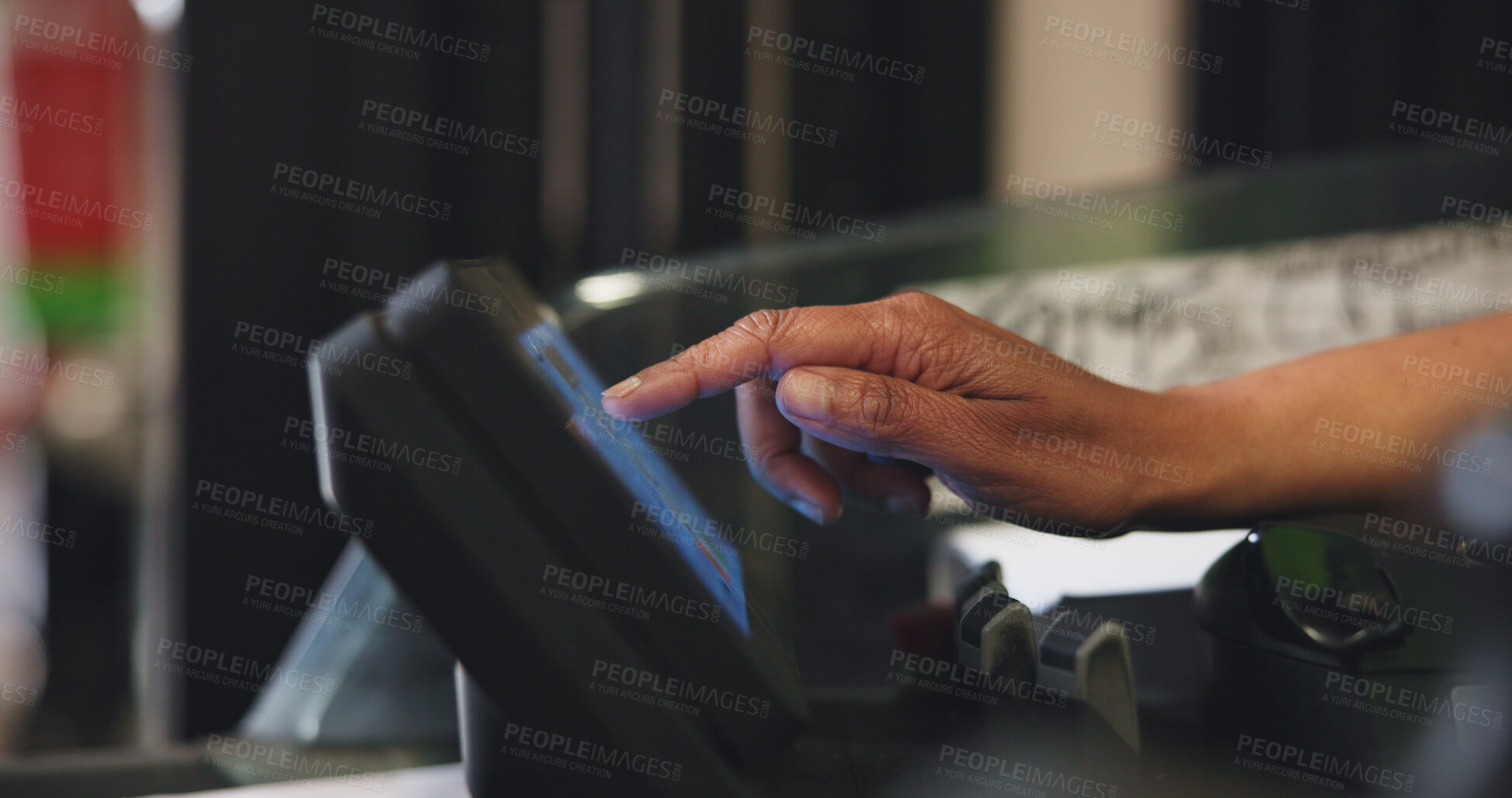 Buy stock photo Operator, forklift and hands of person in warehouse for shipping, delivery and inventory management. Factory, machine and worker with screen for supply chain, distribution and logistics inspection