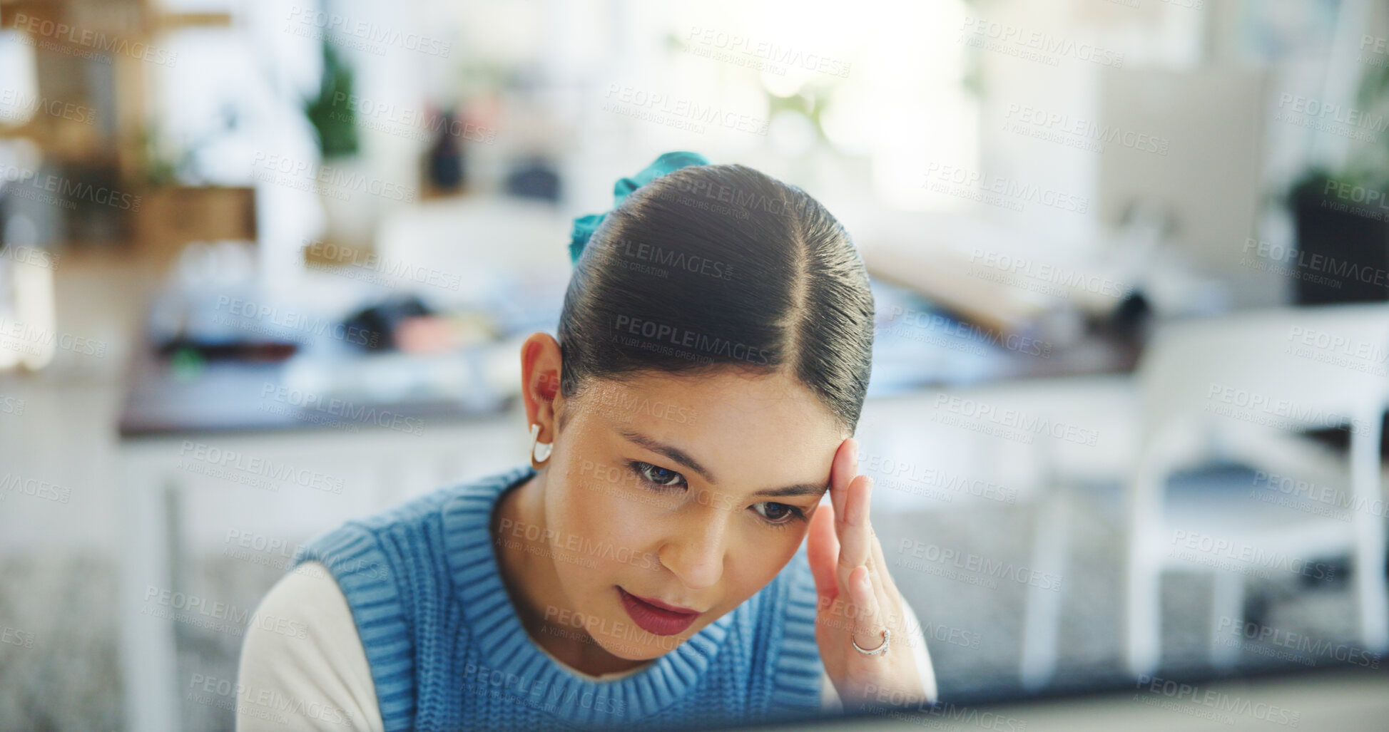 Buy stock photo Headache, computer and woman with stress in office for bad review, article rejection or pressure. Journalist, worry and migraine with tech in newsroom for fake news mistake, reputation risk or crisis