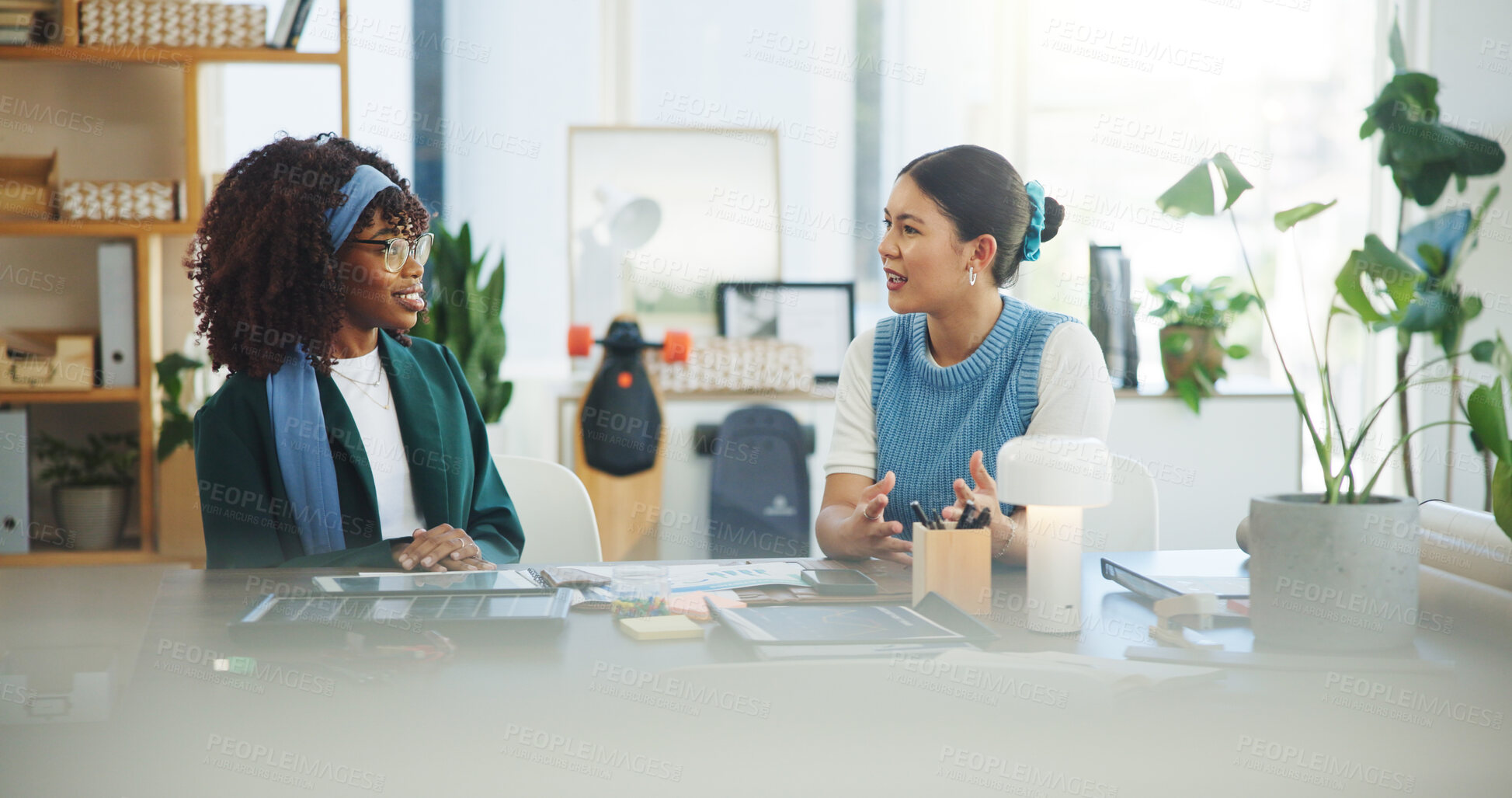 Buy stock photo Sustainability, teamwork and women with solar panel, office and meeting for renewable energy or plan. Collaboration, colleagues and people with eco friendly project, talk and photovoltaic prototype