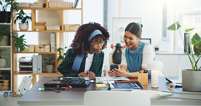 Buy stock photo Phone, solar business and women in office for research on eco friendly development in collaboration. Discussion, plan and female environmental employees with cellphone for photovoltaic information.