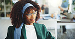 Thinking, happy and businesswoman in office with ideas, reflection or planning for creative project. Smile, glasses and female magazine editor with decision or choice for publishing at startup agency