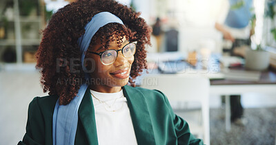 Buy stock photo Thinking, happy and businesswoman in office with ideas, reflection or planning for creative project. Smile, glasses and female magazine editor with decision or choice for publishing at startup agency