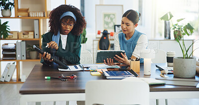 Buy stock photo Business, people and reading with tablet in office for solar panel, sustainable planning and report. Women, digital or solution for renewable energy, photovoltaic information and eco friendly project