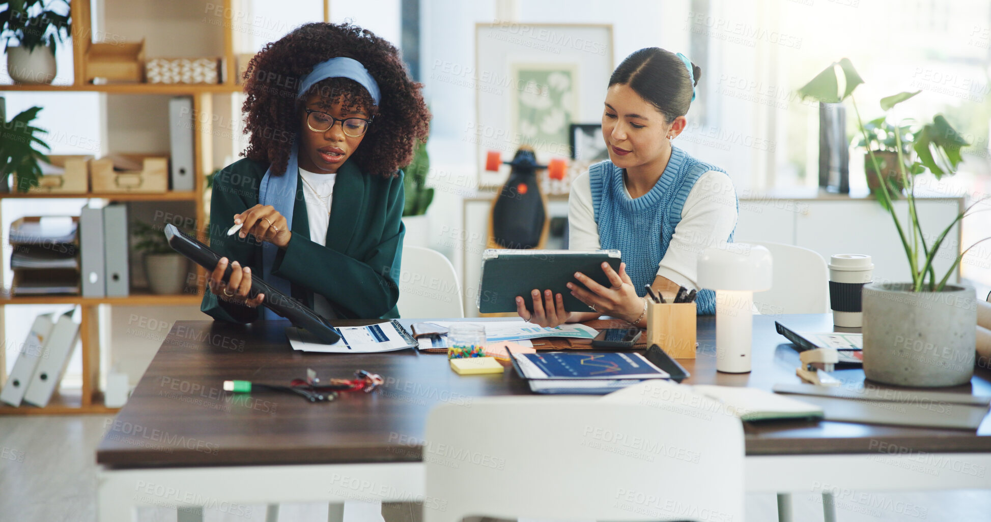 Buy stock photo Business, people and reading with tablet in office for solar panel, sustainable planning and report. Women, digital or solution for renewable energy, photovoltaic information and eco friendly project