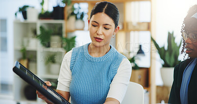 Buy stock photo Sustainability, meeting and women with solar panel, office and teamwork for renewable energy or plan. Collaboration, colleagues and people with eco friendly project, talk and photovoltaic prototype