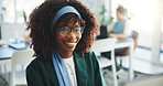 Portrait, media agency and black woman in office, smile or confidence with creative project. African person, PR company or employee in workplace, glasses or clear vision with pride or career ambition