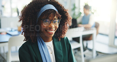 Buy stock photo Portrait, media agency and black woman in office, smile or confidence with creative project. African person, PR company or employee in workplace, glasses or clear vision with pride or career ambition