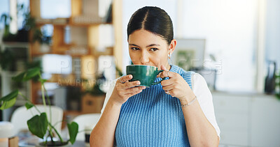 Buy stock photo Coffee, thinking and businesswoman in office with relax, calm or peaceful morning with break. Reflection, ideas and female magazine editor drinking warm beverage with planning for creative project.