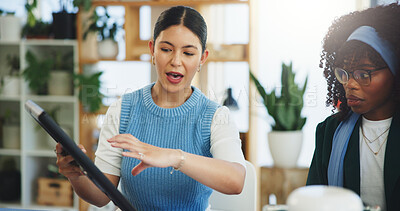 Buy stock photo Team, discussion and women with solar panel, office and meeting for renewable energy or sustainable. Collaboration, colleagues and people with eco friendly project, talk and photovoltaic prototype