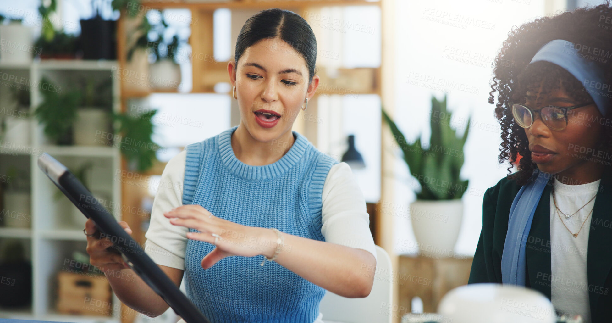 Buy stock photo Team, discussion and women with solar panel, office and meeting for renewable energy or sustainable. Collaboration, colleagues and people with eco friendly project, talk and photovoltaic prototype