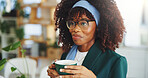 Calm, thinking or black woman in office with coffee cup, satisfied or reflection in morning routine. Smile, glasses or employee in agency with mug, mood improvement or mindfulness at start of day.
