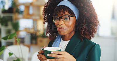 Buy stock photo Calm, thinking or black woman in office with coffee cup, satisfied or reflection in morning routine. Smile, glasses or employee in agency with mug, mood improvement or mindfulness at start of day.
