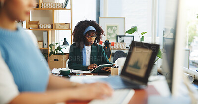 Buy stock photo Woman, reading and scroll in office with tablet for data analysis, financial performance and results. Female person, coworking and research with tech for finance analytics, stats report and feedback.