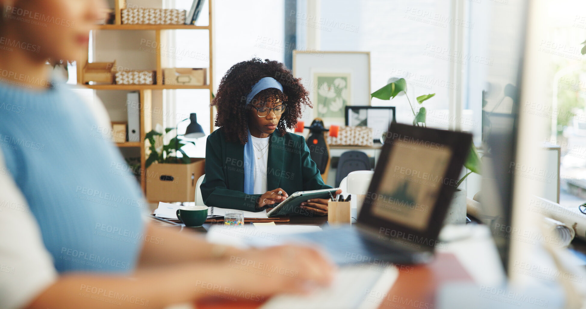 Buy stock photo Woman, reading and scroll in office with tablet for data analysis, financial performance and results. Female person, coworking and research with tech for finance analytics, stats report and feedback.