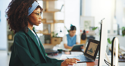 Buy stock photo Sales agency, computer and woman with charts, internet and email to track progress. Person, employee and consultant in office, laptop and graphs for profit increase, network and deadline for audit