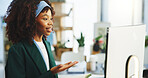 Communication, black woman or video call with computer in office, virtual meeting or online interview for hiring. Recruitment, explain job requirement or hr employee with discussion, questions or pc