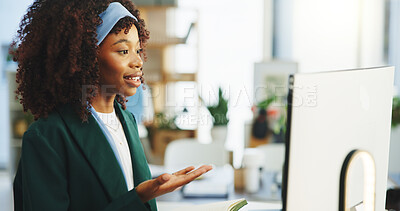 Buy stock photo Communication, black woman or video call with computer in office, virtual meeting or online interview for hiring. Recruitment, explain job requirement or hr employee with discussion, questions or pc