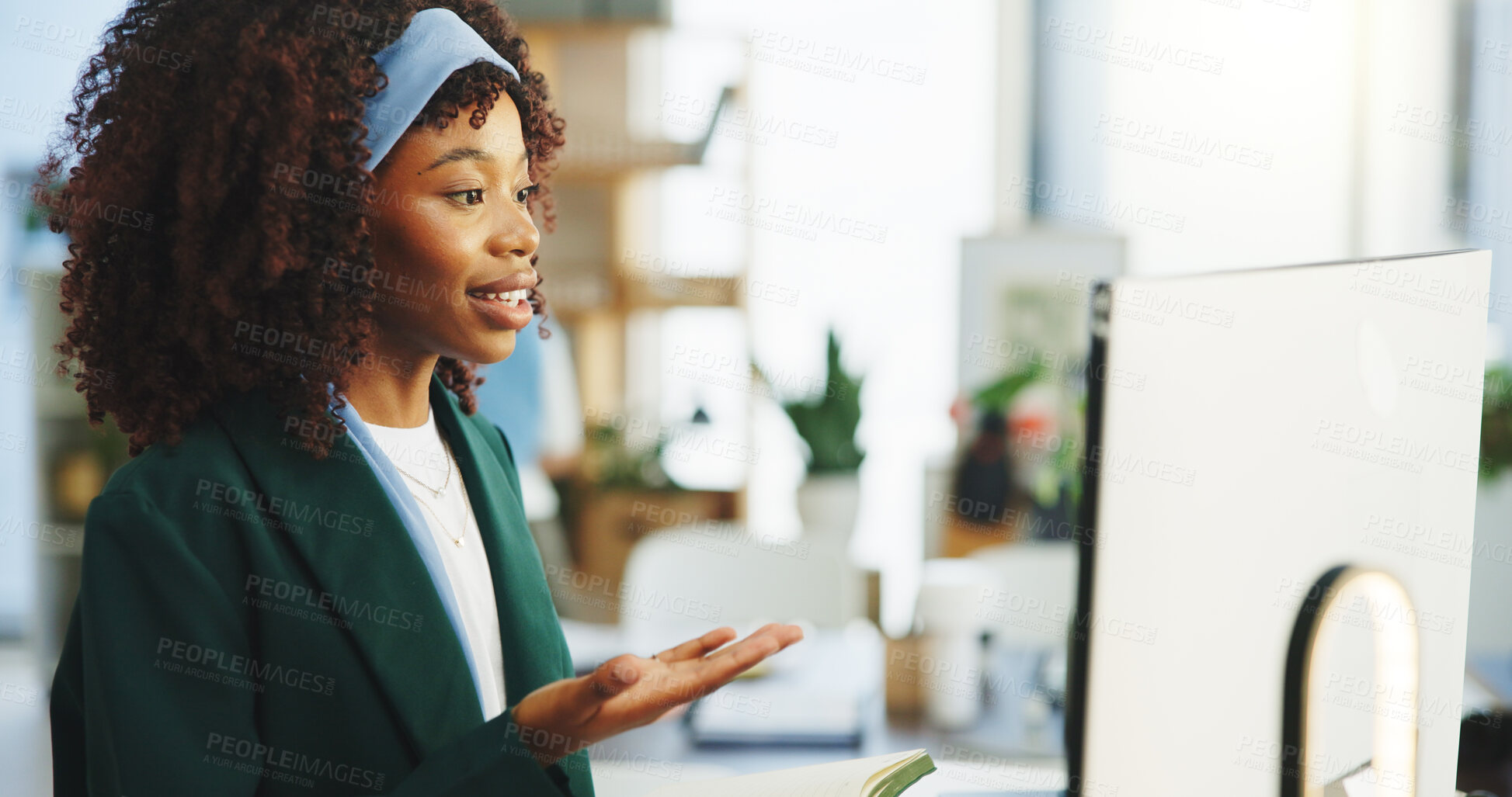 Buy stock photo Communication, black woman or video call with computer in office, virtual meeting or online interview for hiring. Recruitment, explain job requirement or hr employee with discussion, questions or pc