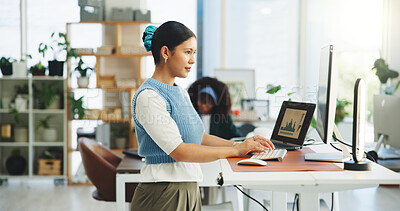 Buy stock photo Business, computer and woman in office, reading and online stats for sales increase. PR company, employee and person in workplace, pc and email for subscription, order invoice and profit growth