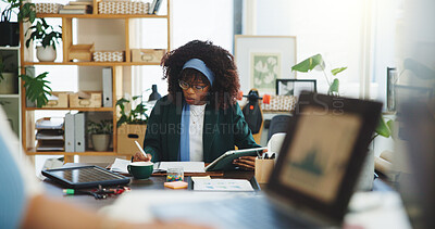 Buy stock photo Woman, writing or notebook in office with tablet, financial analysis or eco friendly project in business. Person, coworking and notes with tech for finance results, stats info or sustainable company.