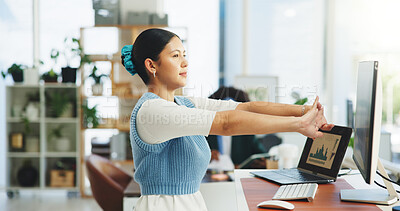 Buy stock photo Business, finance and stretching with accountant woman in office for flexibility, health or wellness. Arms, laptop screen and thinking with person in financial workplace for review or chart or graph