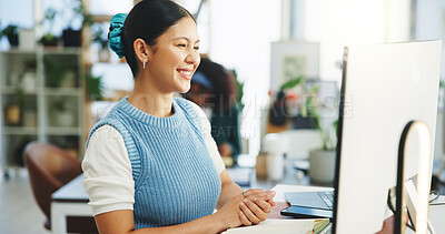Buy stock photo Happy, employee and woman with computer, office and journalist with article on website and creative. Proofreading, story and person with technology for project, reporter and editing draft in newsroom