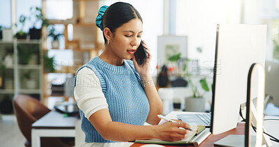 Buy stock photo Phone call, computer and businesswoman in office with notebook, communication or networking with client. Tech, cellphone and female magazine editor on mobile discussion for publishing approval.