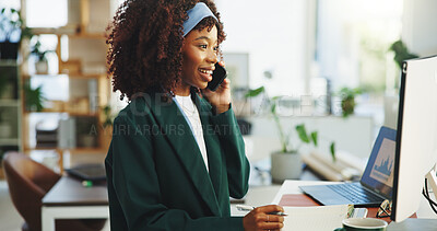 Buy stock photo Phone call, computer and black woman in office with communication for demographic statistics. Notebook, graphs and African magazine editor on mobile discussion for publishing approval at agency.