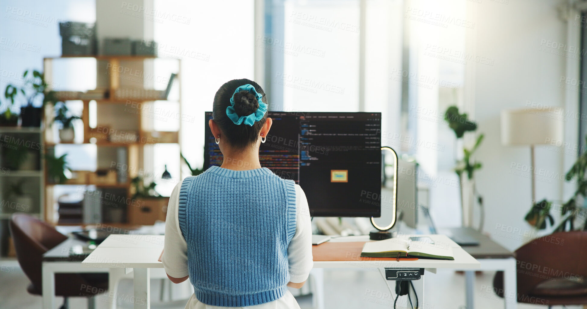 Buy stock photo Coding, back or woman in office with desktop, system update or testing in sustainability analytics. Digital, space or software engineer in agency with tech, scripting or automation in eco programming