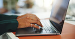 Typing, online and hands with laptop, creative and reporter with article on website or draft on app. Editing, story and person with technology for project, journalist and research info in newsroom