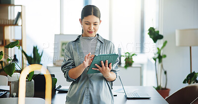 Buy stock photo Creative, employee and woman with tablet, office and research for article on website and journalism. Proofreading, story and person with technology for project, scroll and editing draft in newsroom