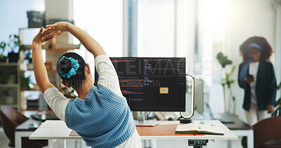 Buy stock photo Back, computer screen and stretching with woman programmer at work for health or wellness. Arms, coding and flexibility with web developer person in coworking office for development or programming