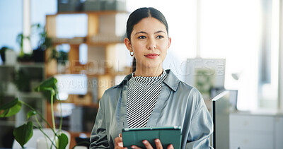 Buy stock photo Ecology, tablet and thinking with business woman in green office for sustainability research. App, idea or planning and thoughtful person in eco friendly workplace with plants for net zero initiative